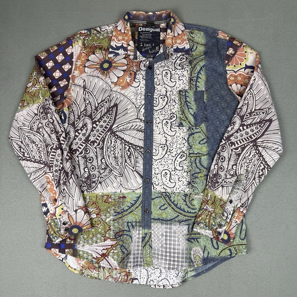 Desigual Shirt Mens XL Abstract Floral Paisley AOP Button Up Party Long Sleeve